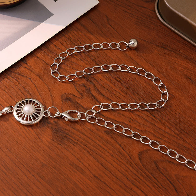 Openwork Disc Pearl Waist Chain Belt - Silvery - 1