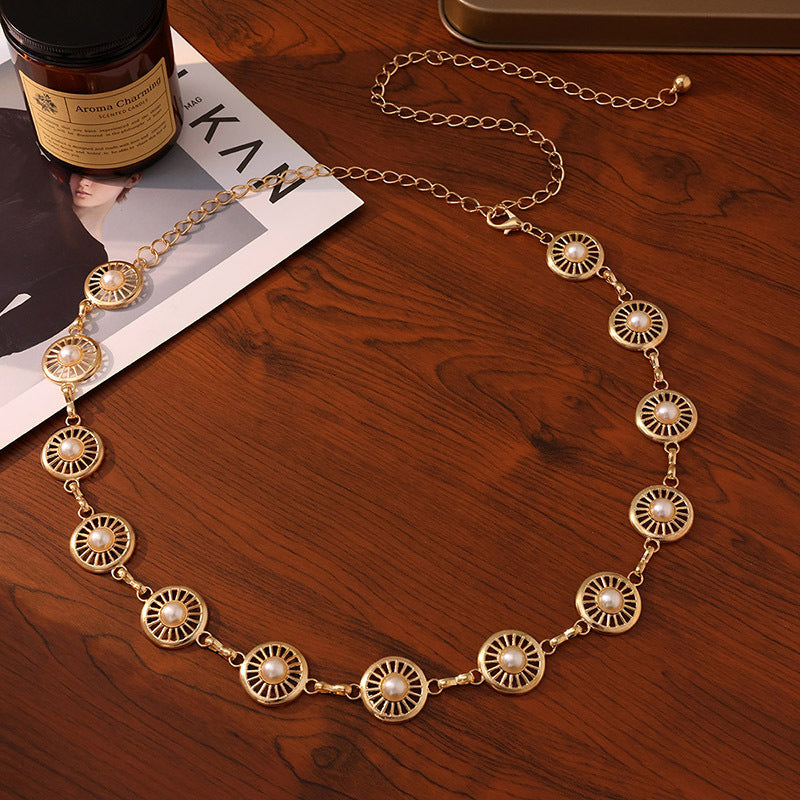 Openwork Disc Pearl Waist Chain Belt
