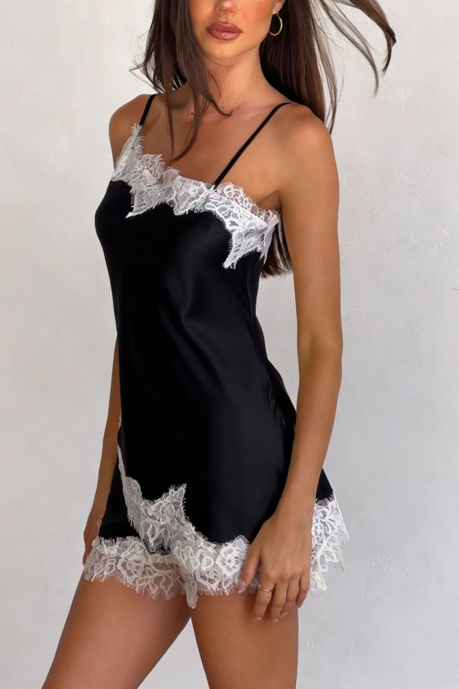Eyelash Lace Trim Satin Cami Shorts Set - Black - 3