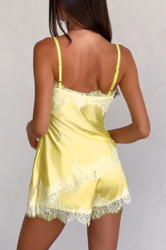 Eyelash Lace Trim Satin Cami Shorts Set - Yellow - 3