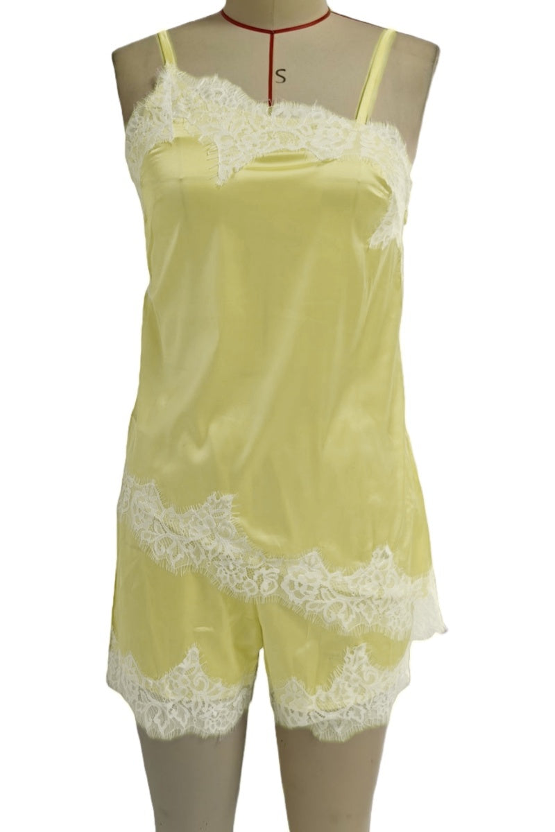 Eyelash Lace Trim Satin Cami Shorts Set - Yellow - 4