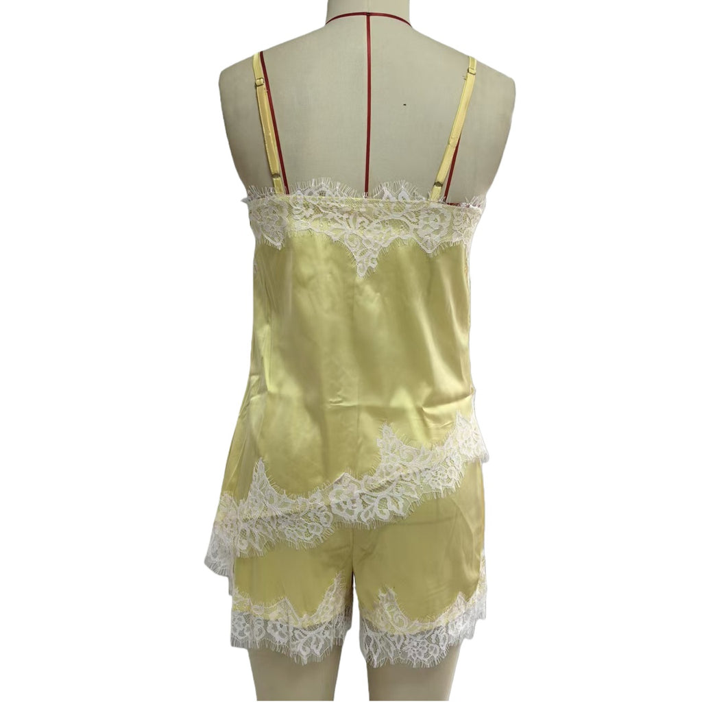 Eyelash Lace Trim Satin Cami Shorts Set - Yellow - 5