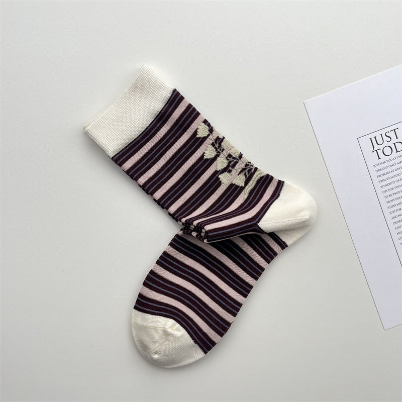Lily of the Valley Knit Socks with Fine Stripes - White