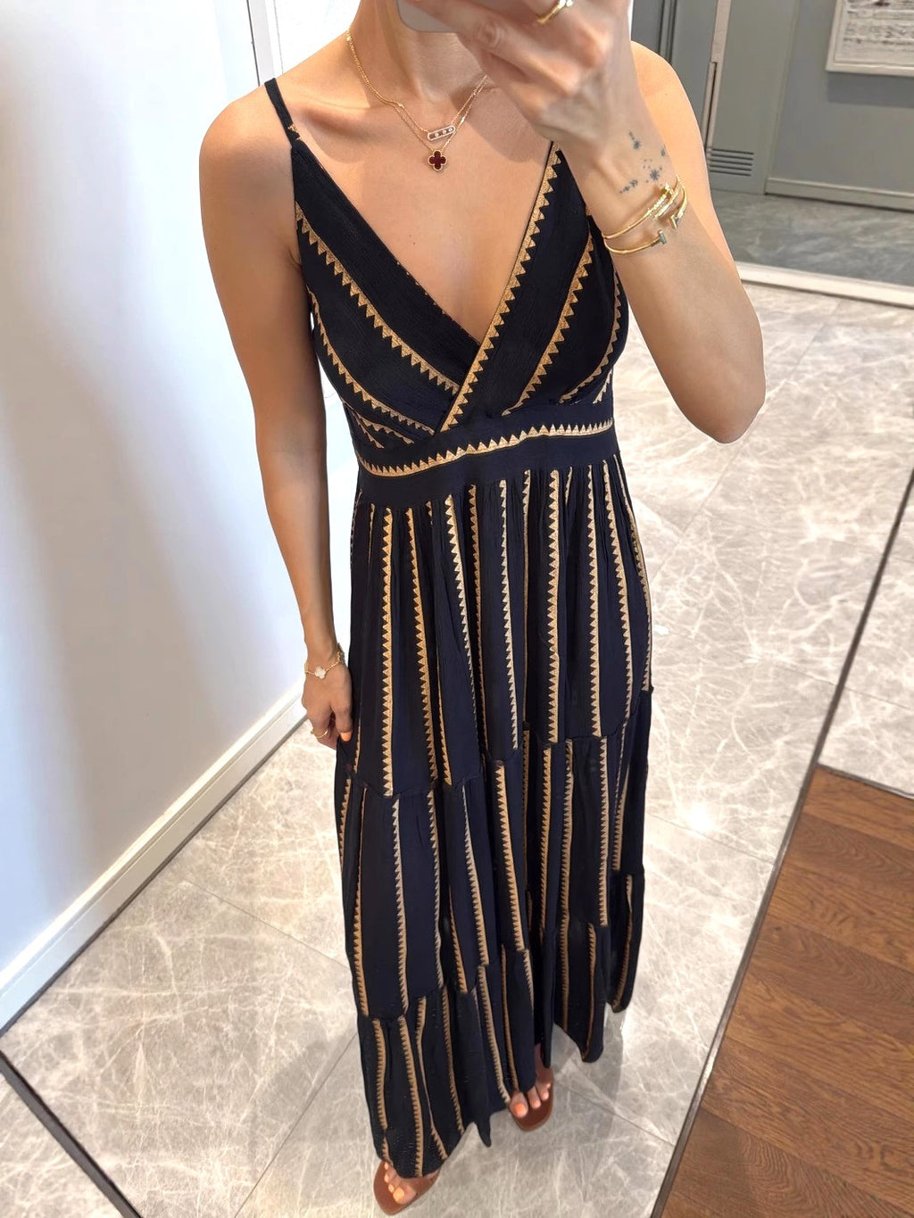 Metallic Stripe Tiered Resort Maxi Dress - Black