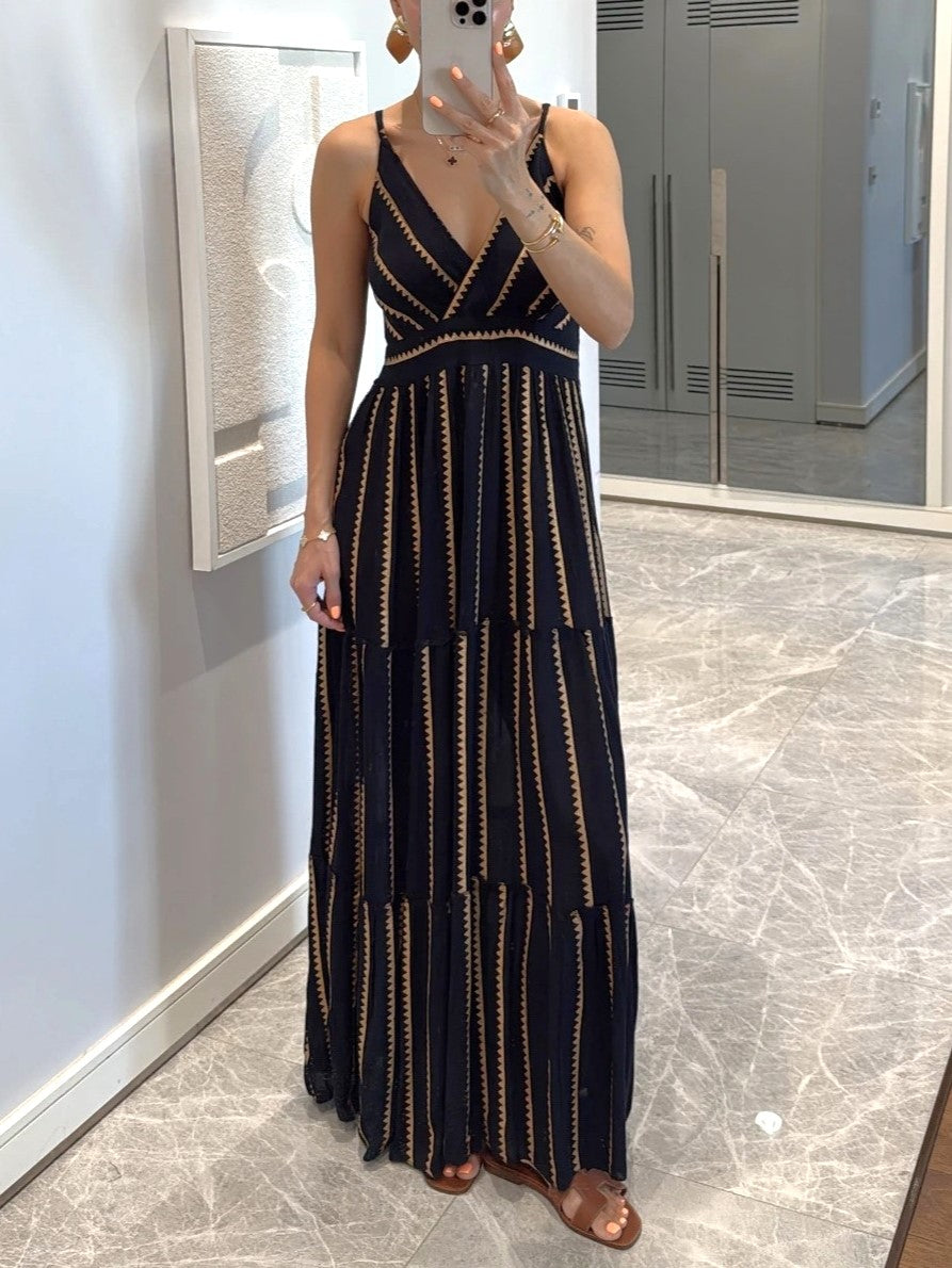 Metallic Stripe Tiered Resort Maxi Dress - Black - 1