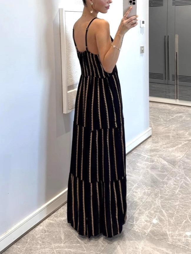 Metallic Stripe Tiered Resort Maxi Dress - Black - 2