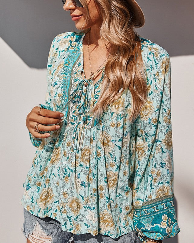 Tie Neck Floral Blouse With Balloon Sleeves - Light-Blue