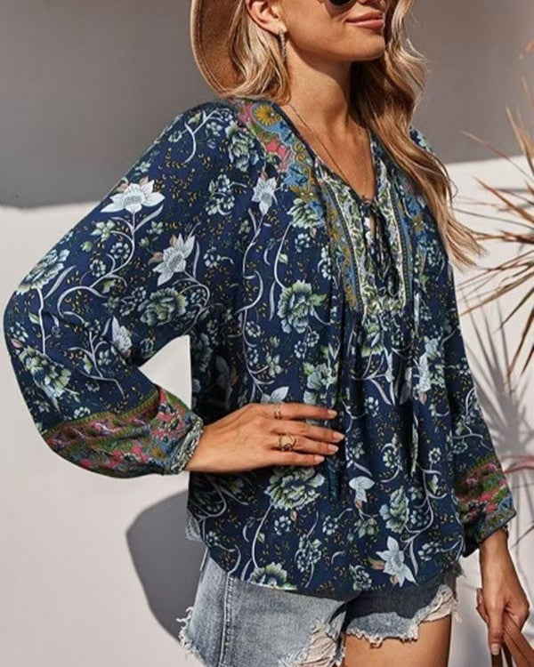 Tie Neck Floral Blouse With Balloon Sleeves - Navy-Blue