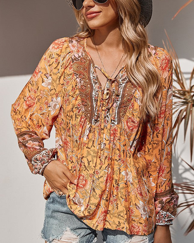 Tie Neck Floral Blouse With Balloon Sleeves - Orange