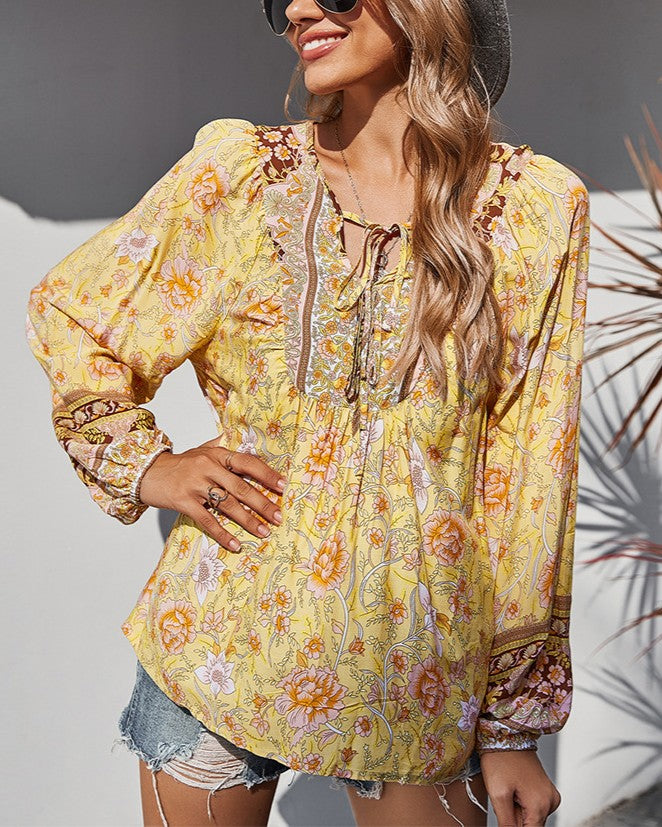 Tie Neck Floral Blouse With Balloon Sleeves - Yellow