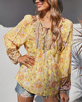 Tie Neck Floral Blouse With Balloon Sleeves - Yellow