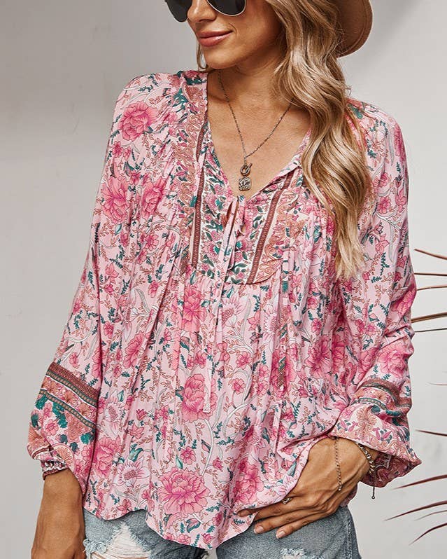 Tie Neck Floral Blouse With Balloon Sleeves