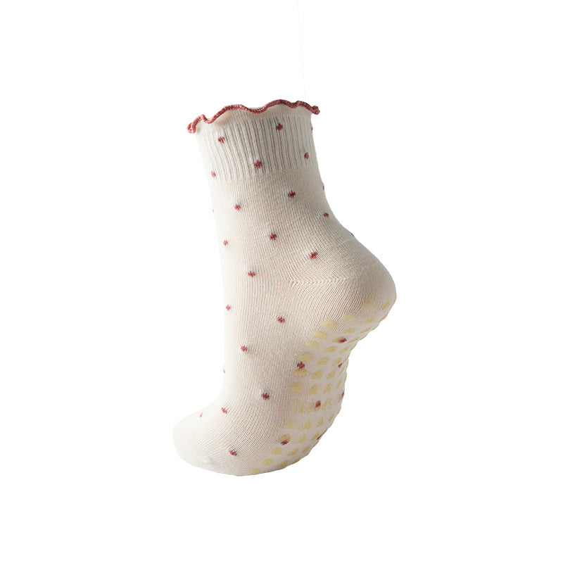 Polka Dot Cotton Ruffle Cuff Non-Slip Grip Socks - Beige