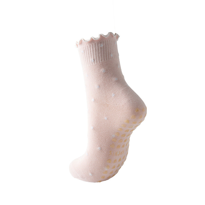Polka Dot Cotton Ruffle Cuff Non-Slip Grip Socks - Pink
