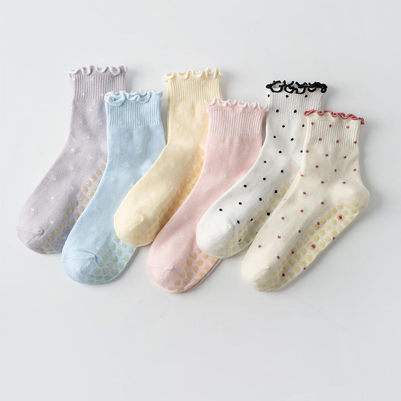 Polka Dot Cotton Ruffle Cuff Non-Slip Grip Socks - Purple - 1