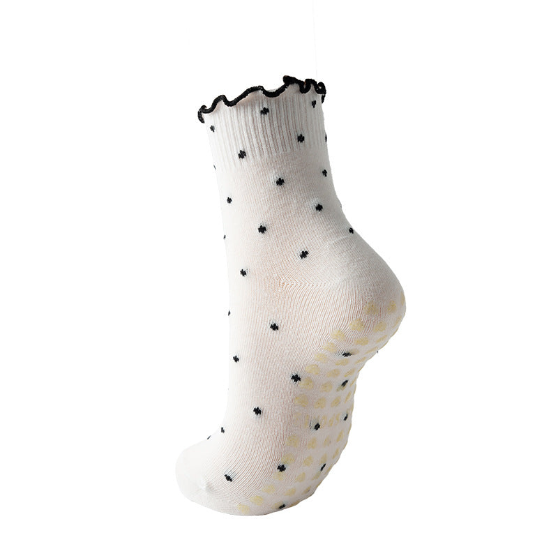 Polka Dot Cotton Ruffle Cuff Non-Slip Grip Socks - White