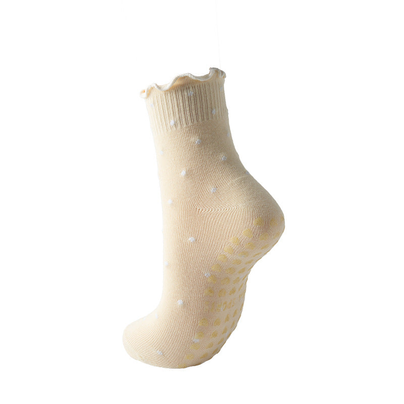 Polka Dot Cotton Ruffle Cuff Non-Slip Grip Socks - Yellow