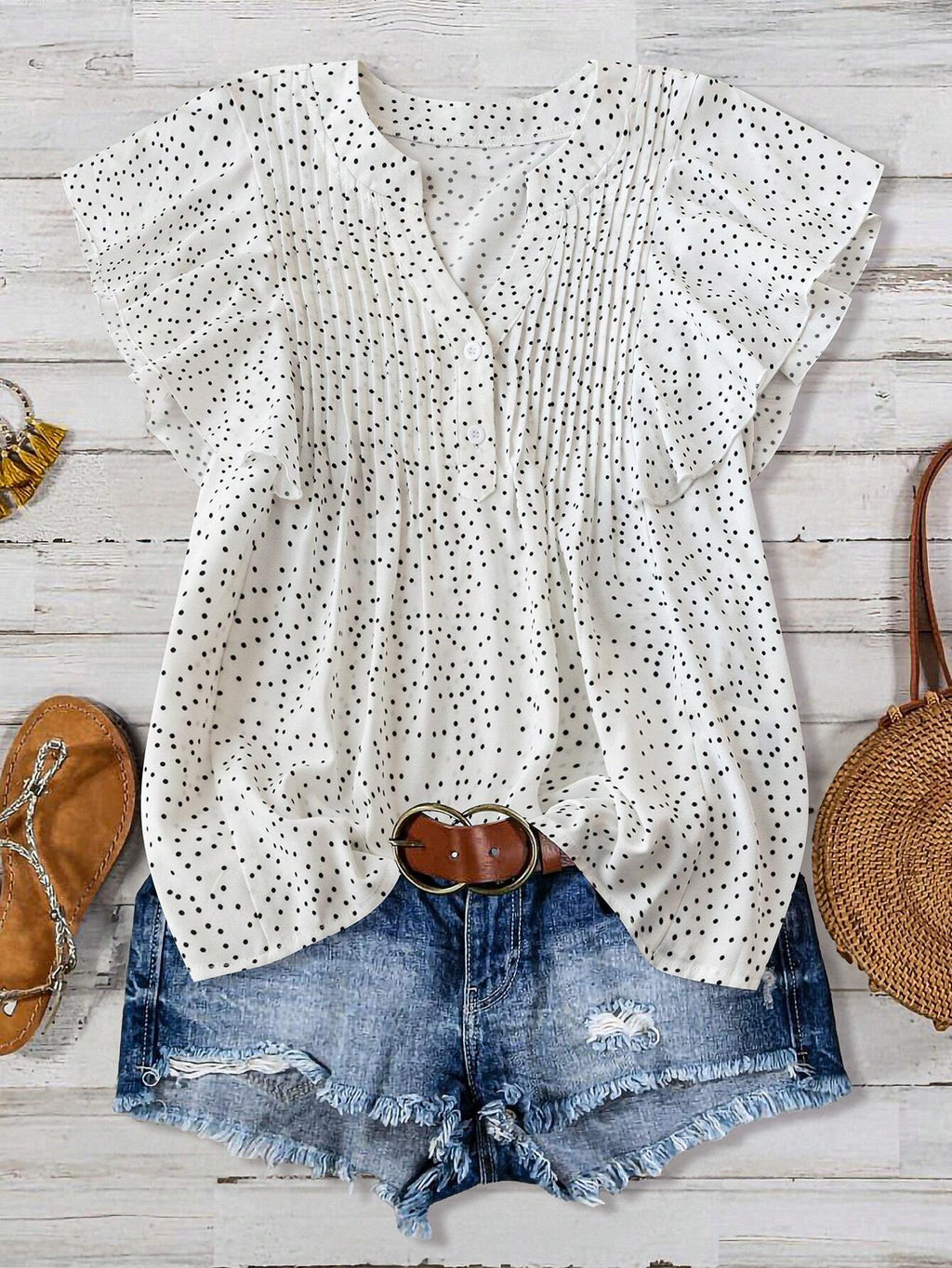 Polka Dot Flutter Sleeve V Neck Top - White