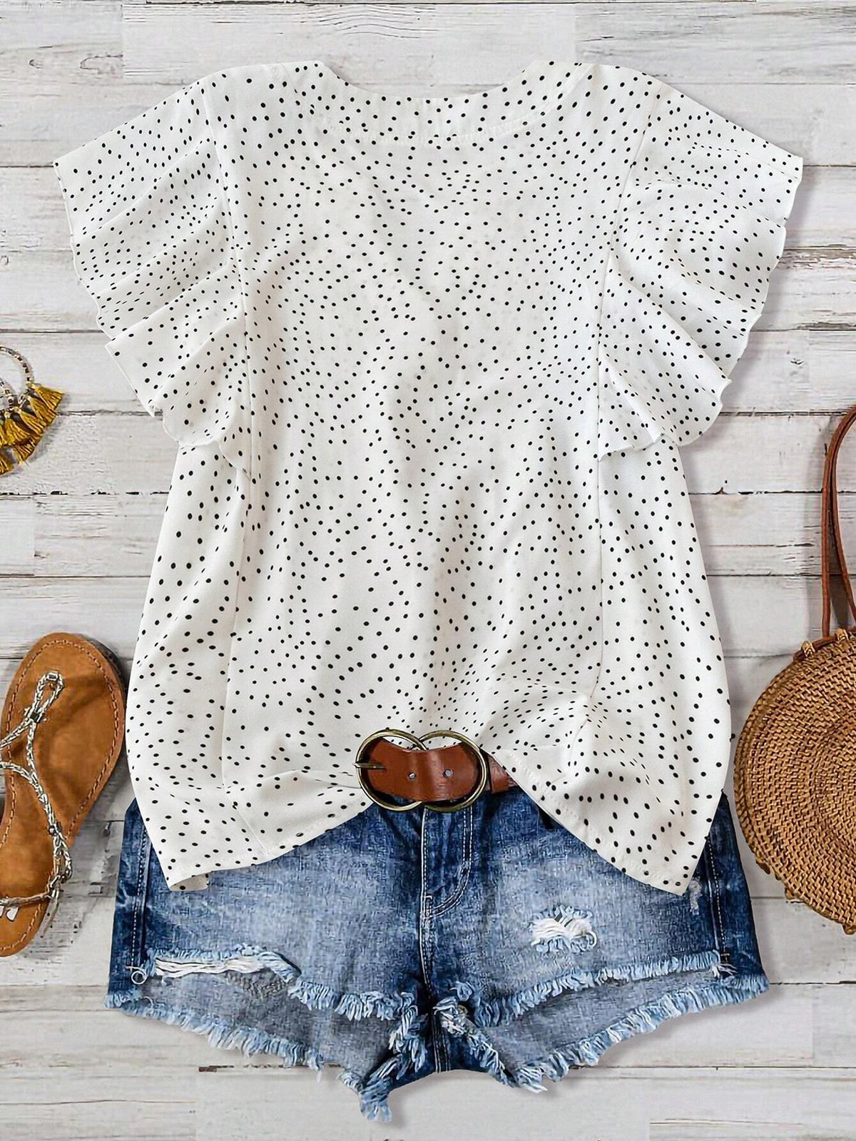 Polka Dot Flutter Sleeve V Neck Top - White - 1