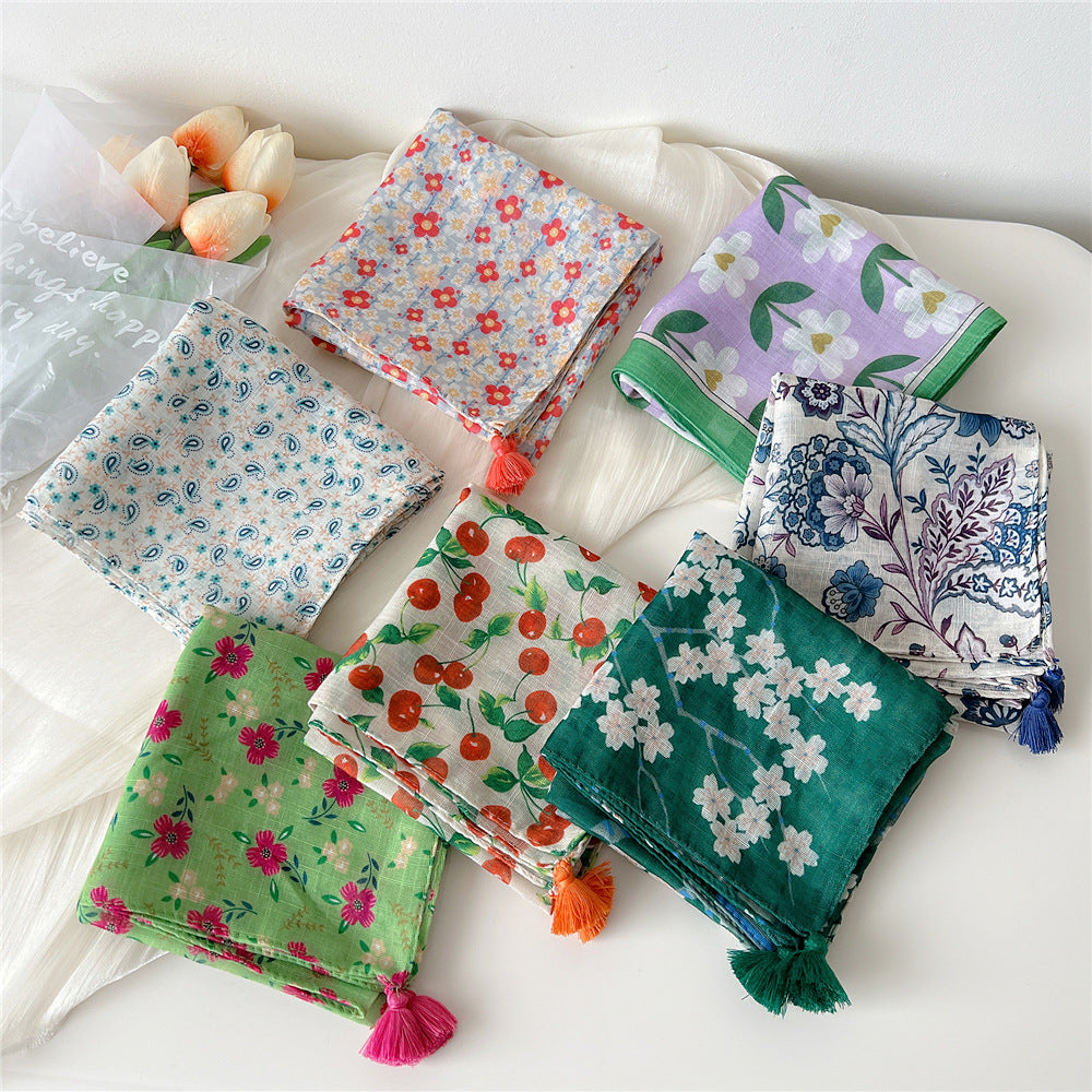 Square Scarf With Tassel Corners and Fruit Print