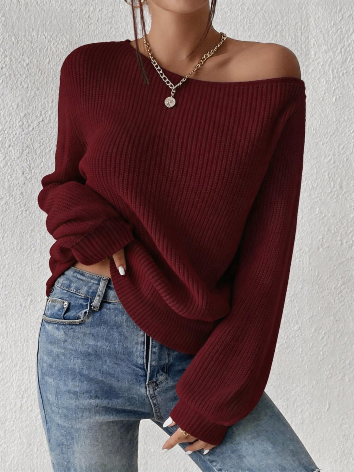 Slouchy Ribbed Boat Neck Sweater - WineRed