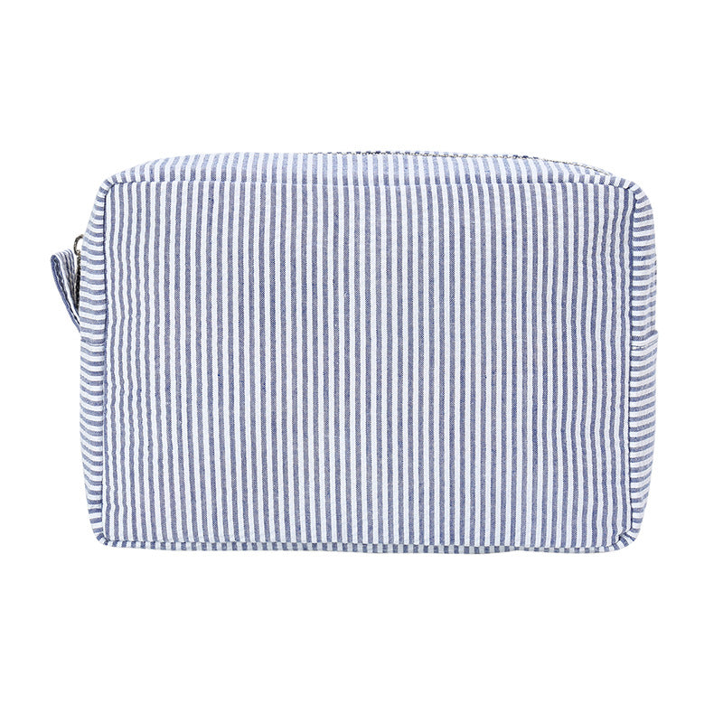 Seersucker Stripe Zip Cosmetic Pouch - Navy-Blue