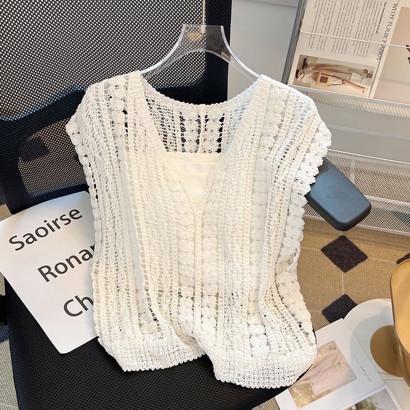 Crochet Knit Sleeveless V Neck Tank Top - White