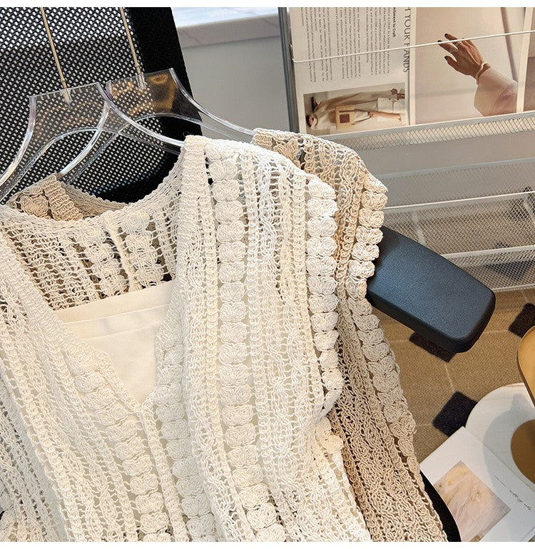 Crochet Knit Sleeveless V Neck Tank Top - White - 1