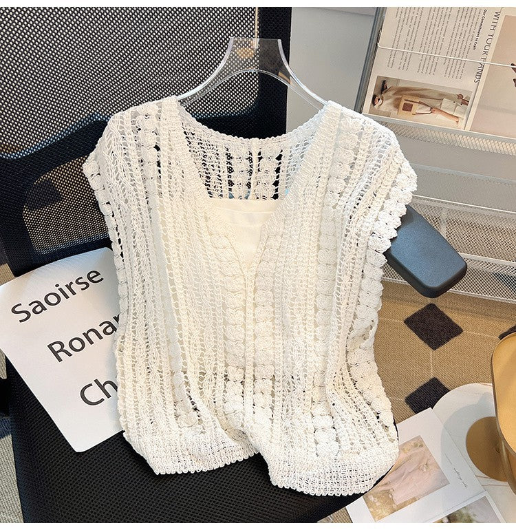 Crochet Knit Sleeveless V Neck Tank Top - White - 2