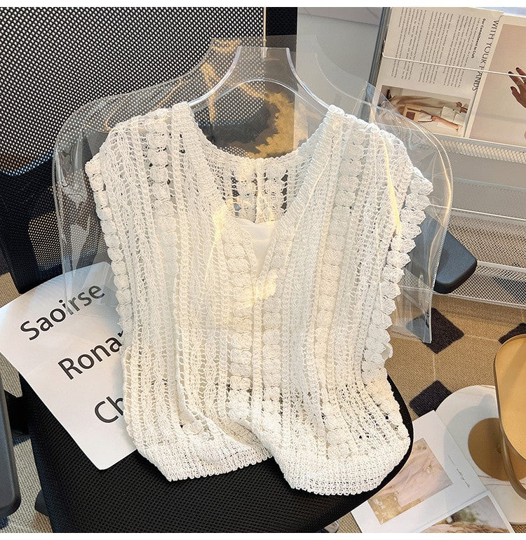 Crochet Knit Sleeveless V Neck Tank Top - White - 3