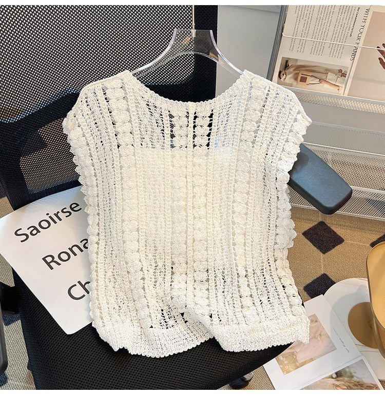 Crochet Knit Sleeveless V Neck Tank Top - White - 4