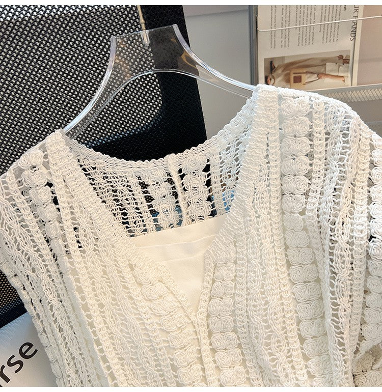 Crochet Knit Sleeveless V Neck Tank Top - White - 5