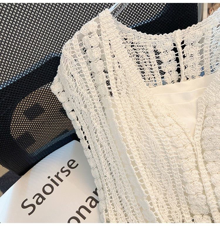 Crochet Knit Sleeveless V Neck Tank Top - White - 6
