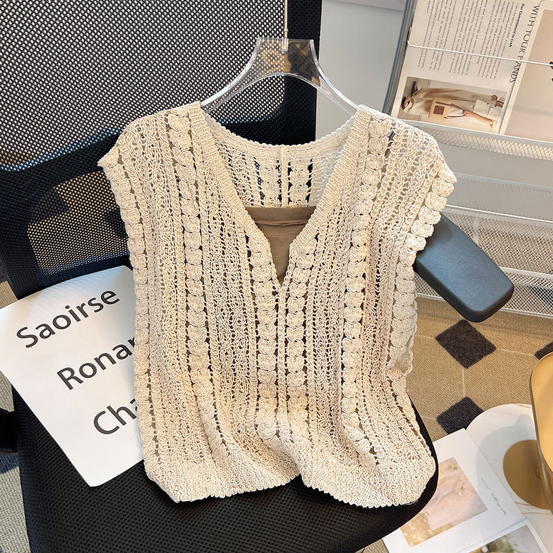Crochet Knit Sleeveless V Neck Tank Top - beige