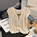 Crochet Knit Sleeveless V Neck Tank Top - beige