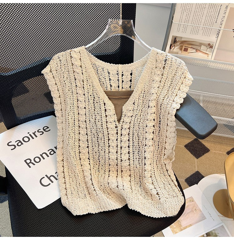 Crochet Knit Sleeveless V Neck Tank Top - beige - 1