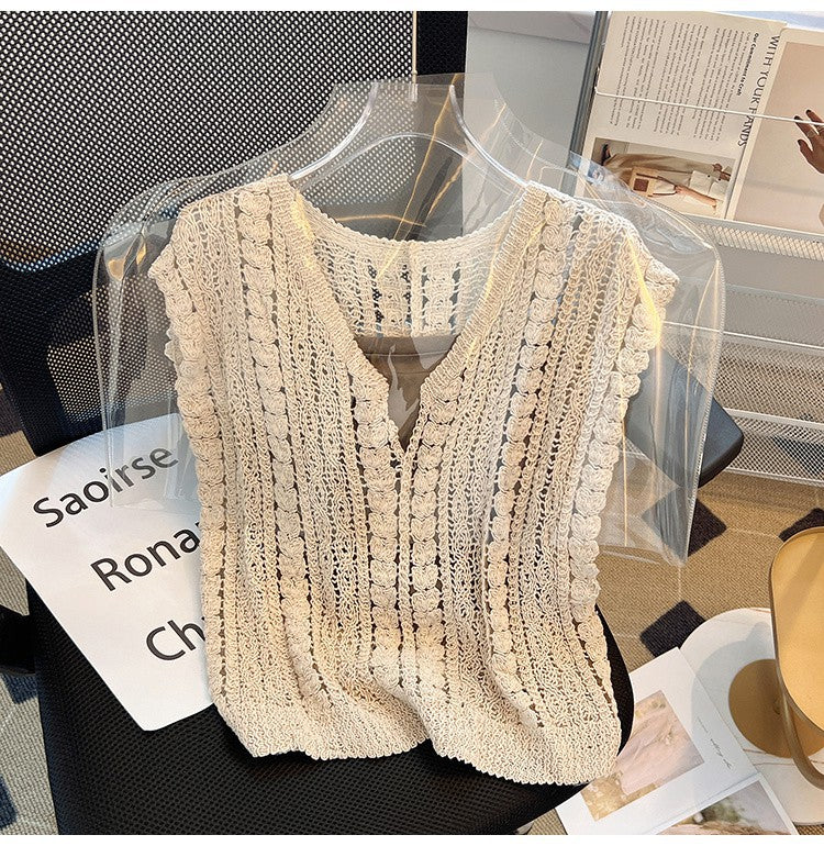 Crochet Knit Sleeveless V Neck Tank Top - beige - 2
