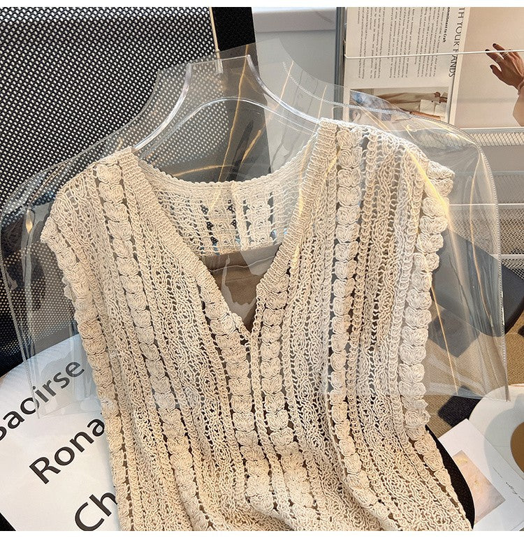 Crochet Knit Sleeveless V Neck Tank Top - beige - 3