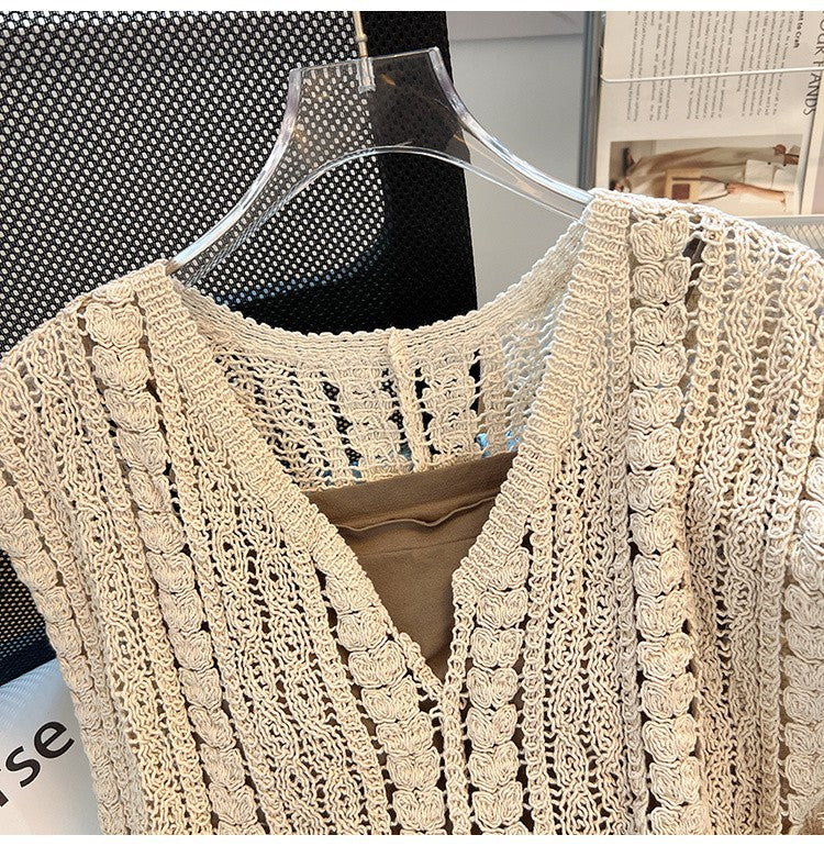 Crochet Knit Sleeveless V Neck Tank Top - beige - 4