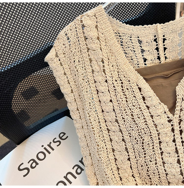 Crochet Knit Sleeveless V Neck Tank Top - beige - 5