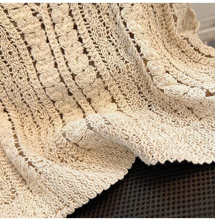 Crochet Knit Sleeveless V Neck Tank Top - beige - 6