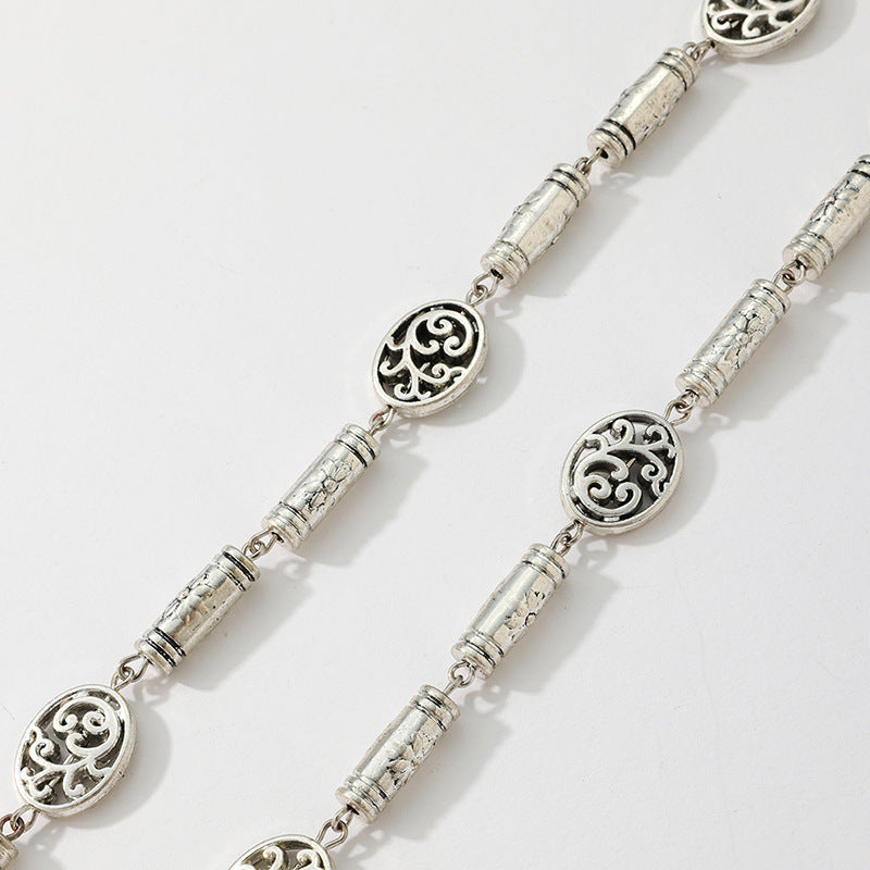Carved Bead Link Slim Waist Chain - Silvery - 2