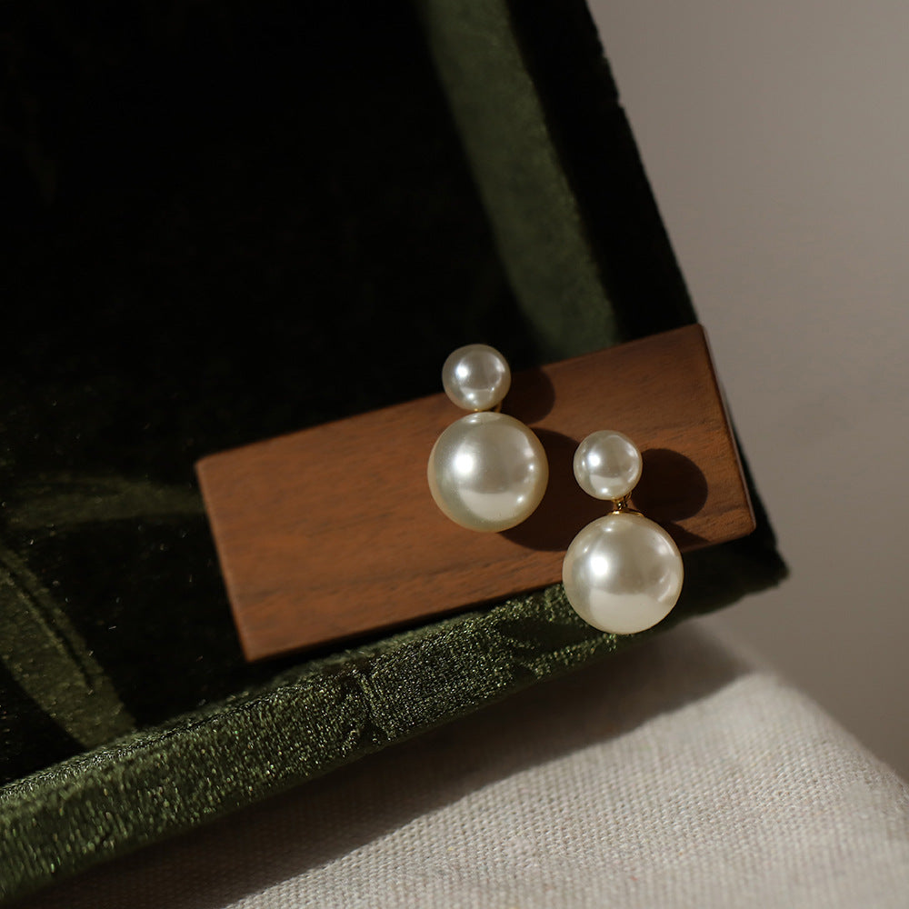 Double Faux Pearl Front Back Studs - Gold - 1