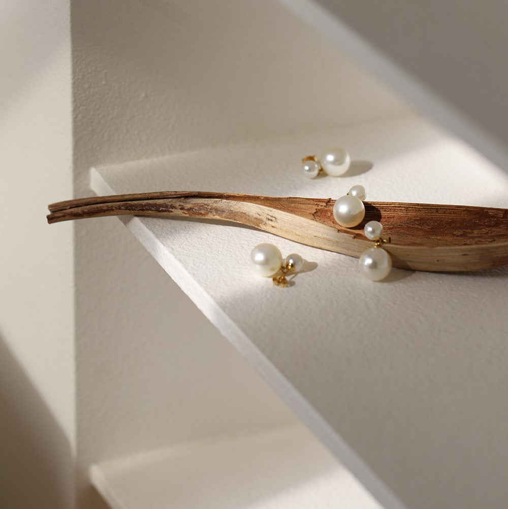 Double Faux Pearl Front Back Studs - Gold - 2