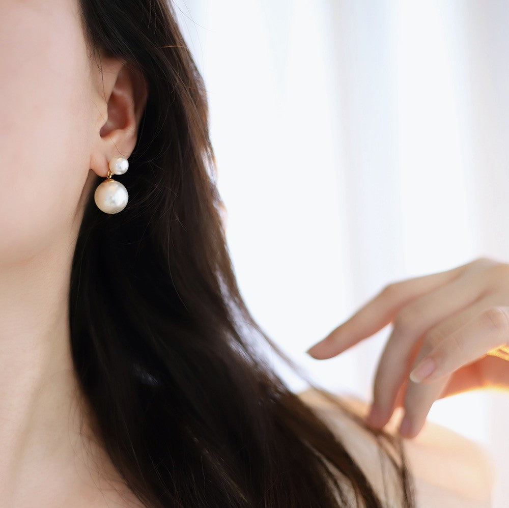Double Faux Pearl Front Back Studs - Gold - 3