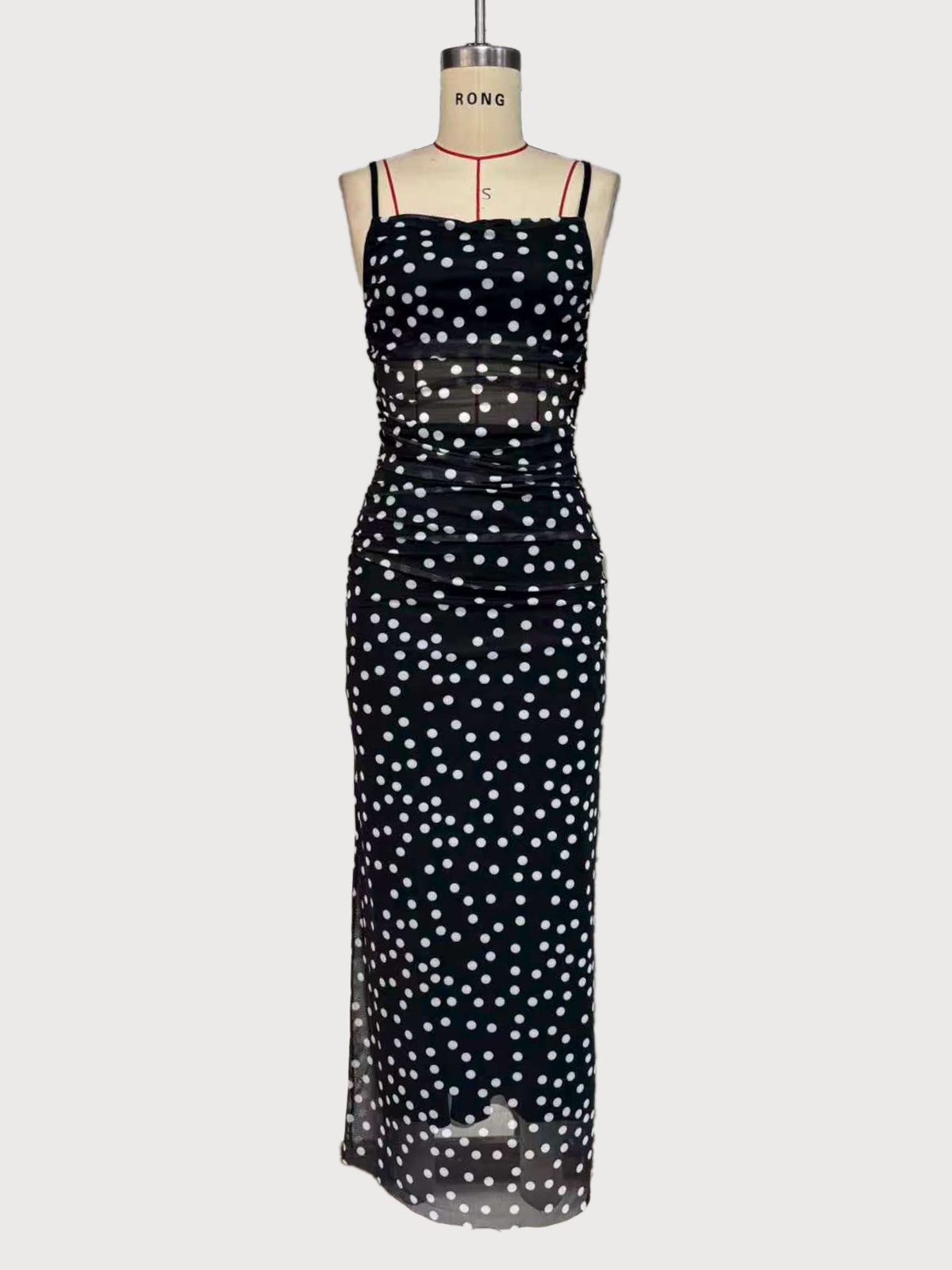 Sheer Dot Print Strappy Column Maxi Dress - Black - 1