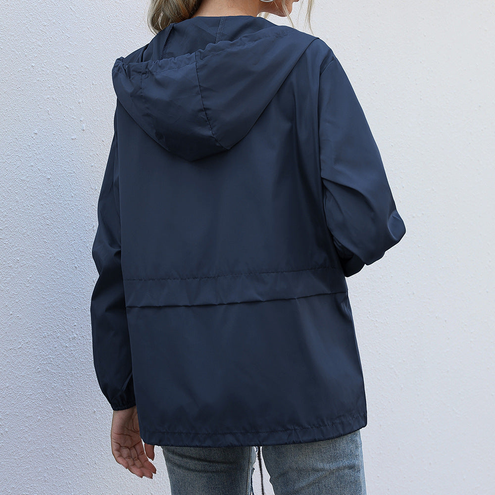Hooded Zip Front Lightweight Rain Jacket - Blue - 4