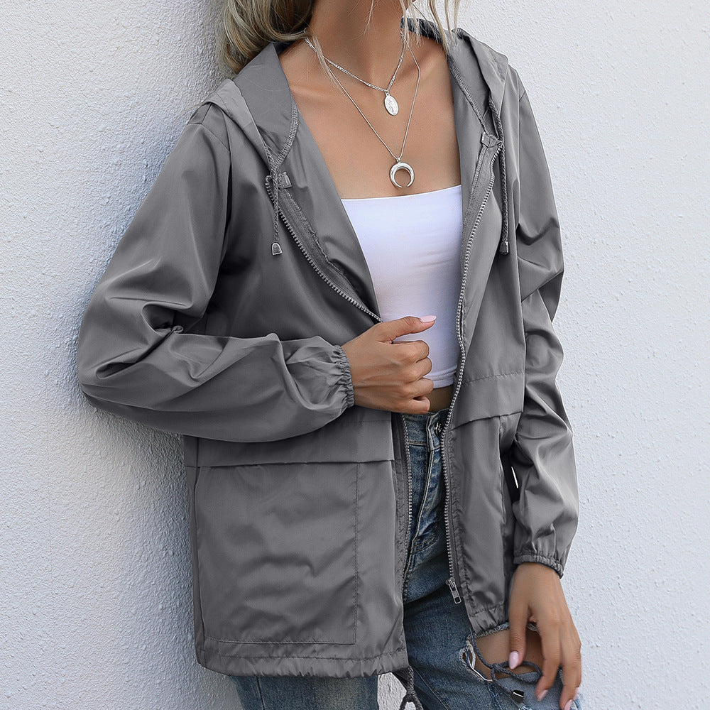 Hooded Zip Front Lightweight Rain Jacket - DarkGrey - 3