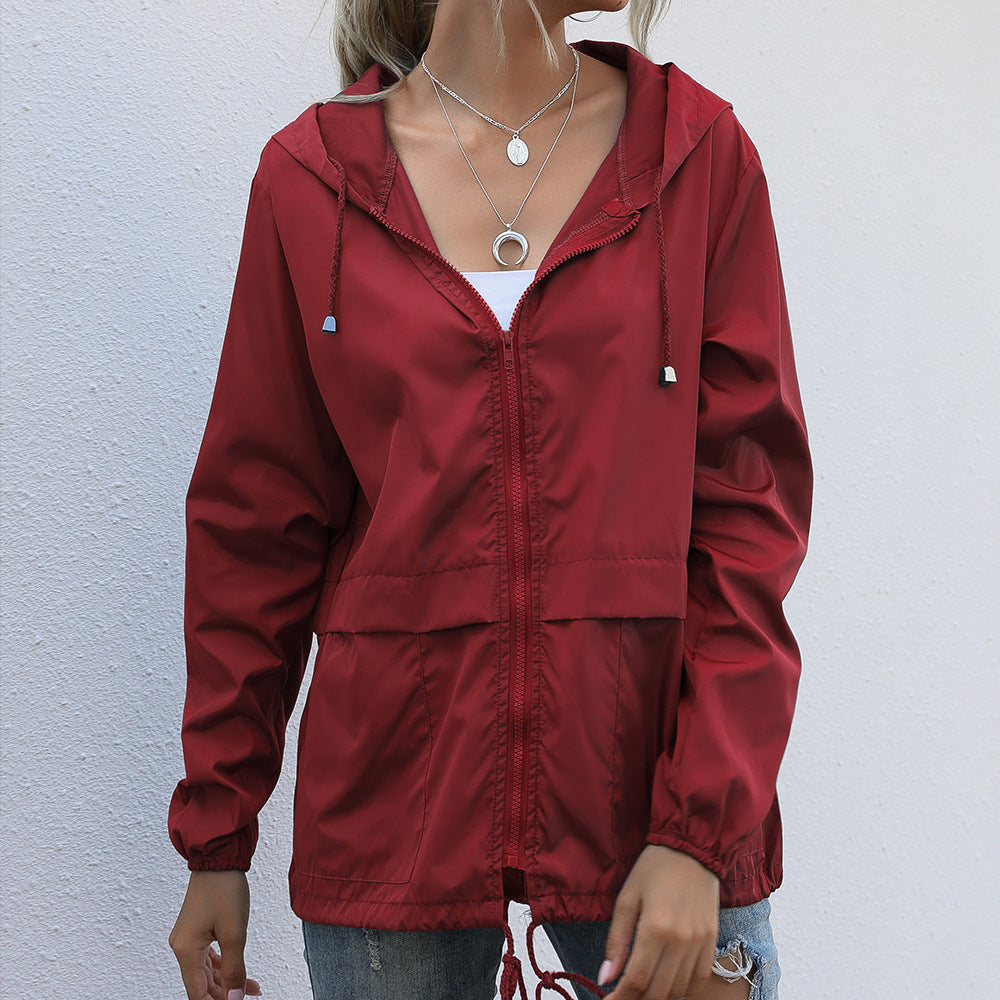 Hooded Zip Front Lightweight Rain Jacket - Wine_red