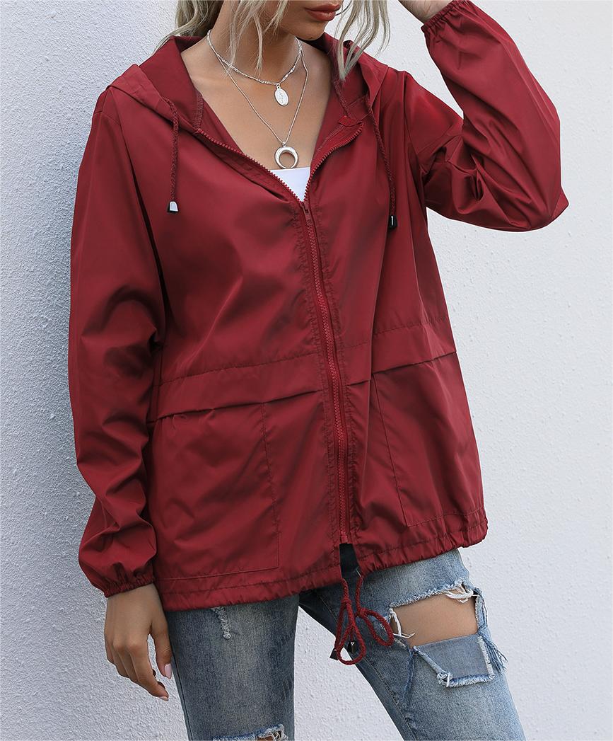 Hooded Zip Front Lightweight Rain Jacket - Wine_red - 1